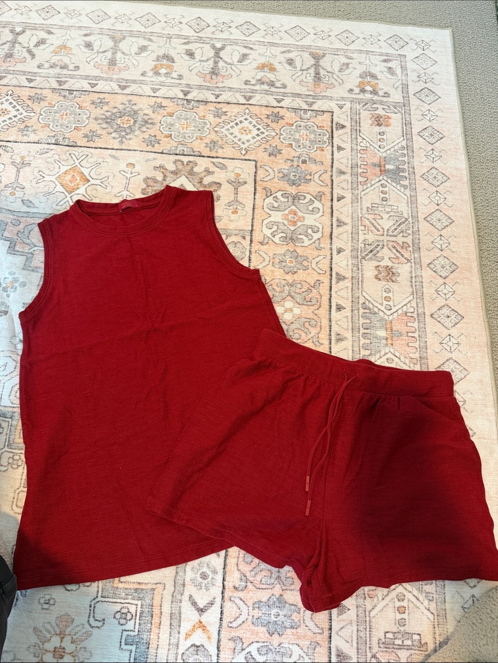 nuuds Red Ribbed Tank Top & Drawstring Shorts Set